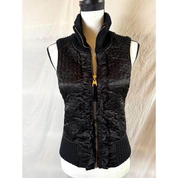 Vintage Guess Jeans Womens S Black Vest Quilted Multi Fabric Sweater High Collar - Picture 9 of 9